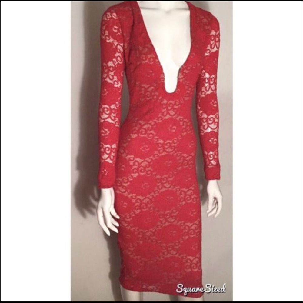 Red Lace Plunge Bodycon Dress Size Small&Stretchy